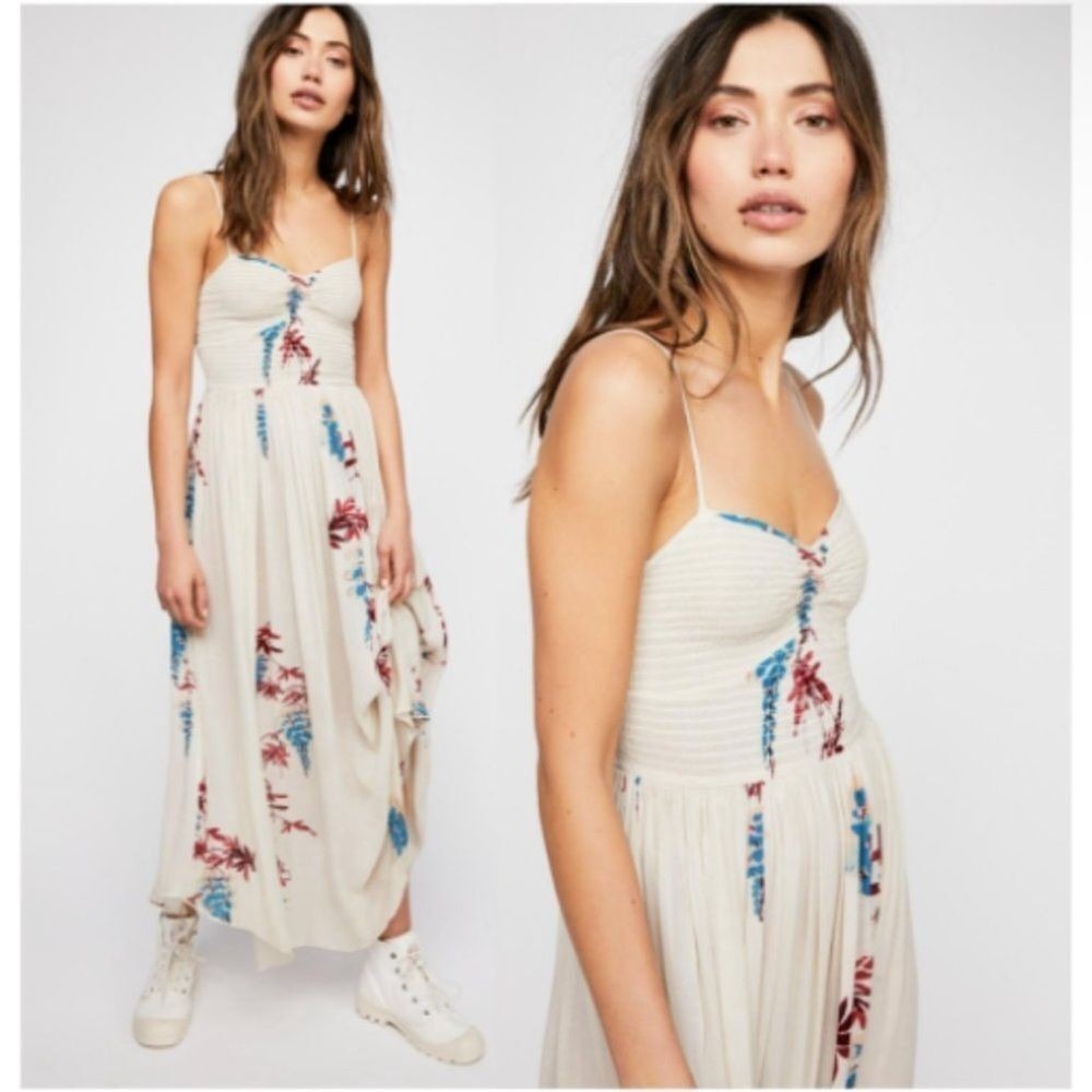 NEW Free People Floral Beau Smocked Maxi Dress Small Ivory Boho Festival